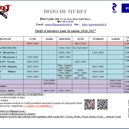 Horaires et tarifs 2026/2027 Muret